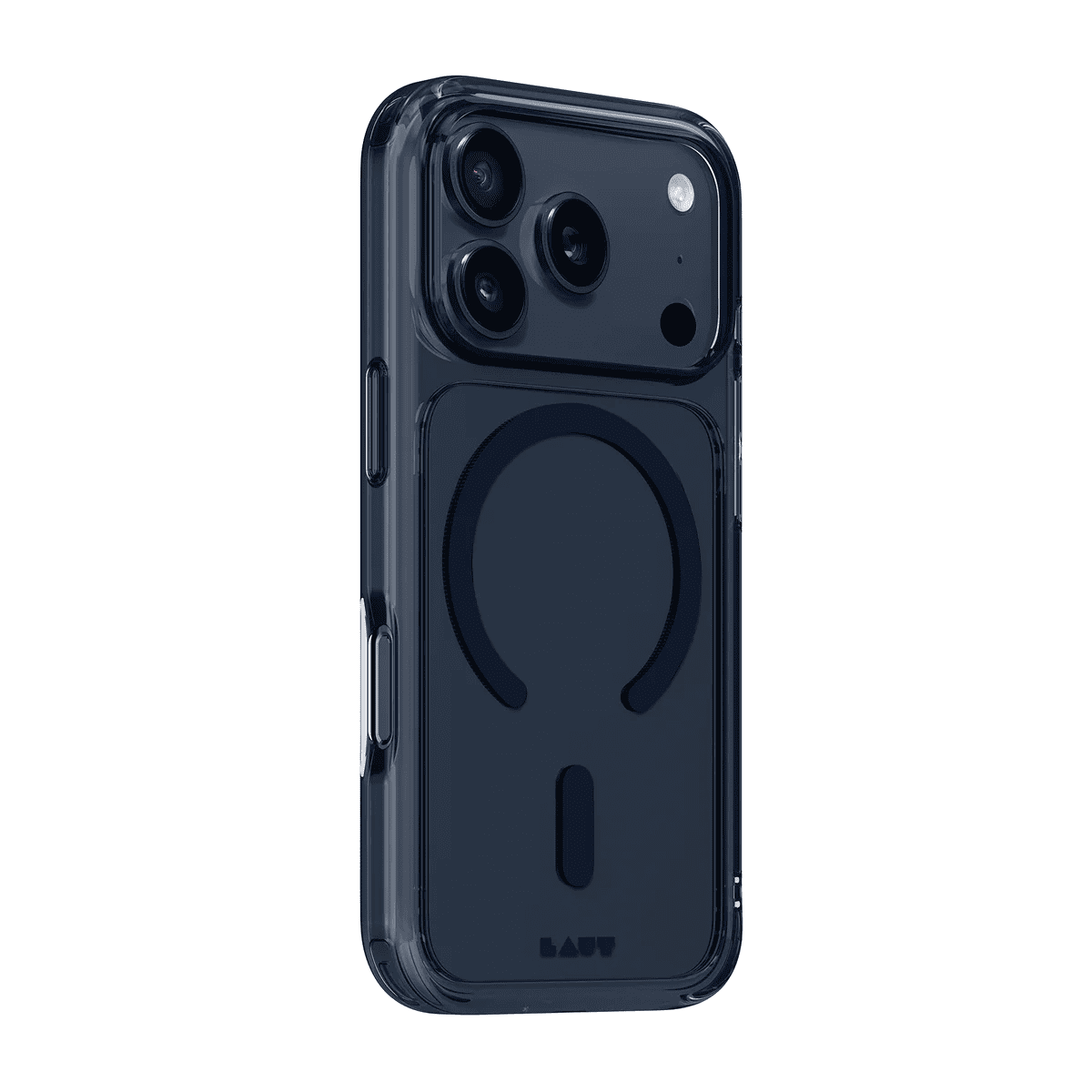 Side back perspective detailing the sleek corner cushions of the Laut CRYSTAL FLURO iPhone 17 Pro Clear Midnight case available at Tradeline Egypt.