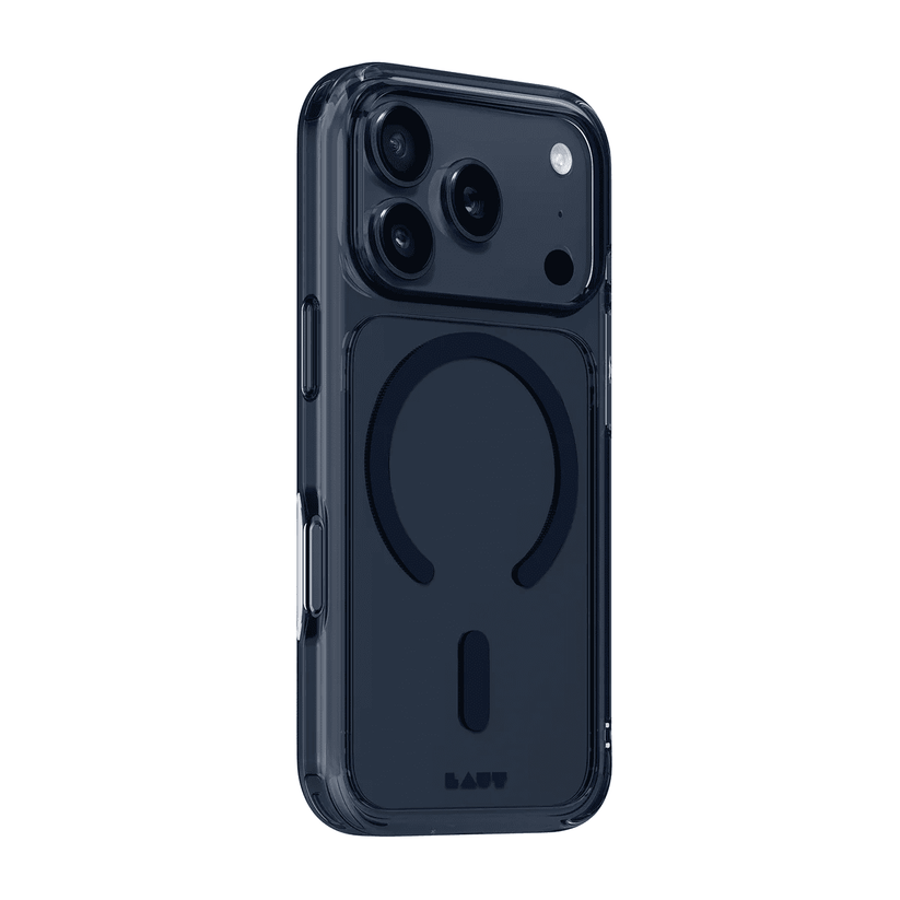 Side back perspective detailing the sleek corner cushions of the Laut CRYSTAL FLURO iPhone 17 Pro Clear Midnight case available at Tradeline Egypt.