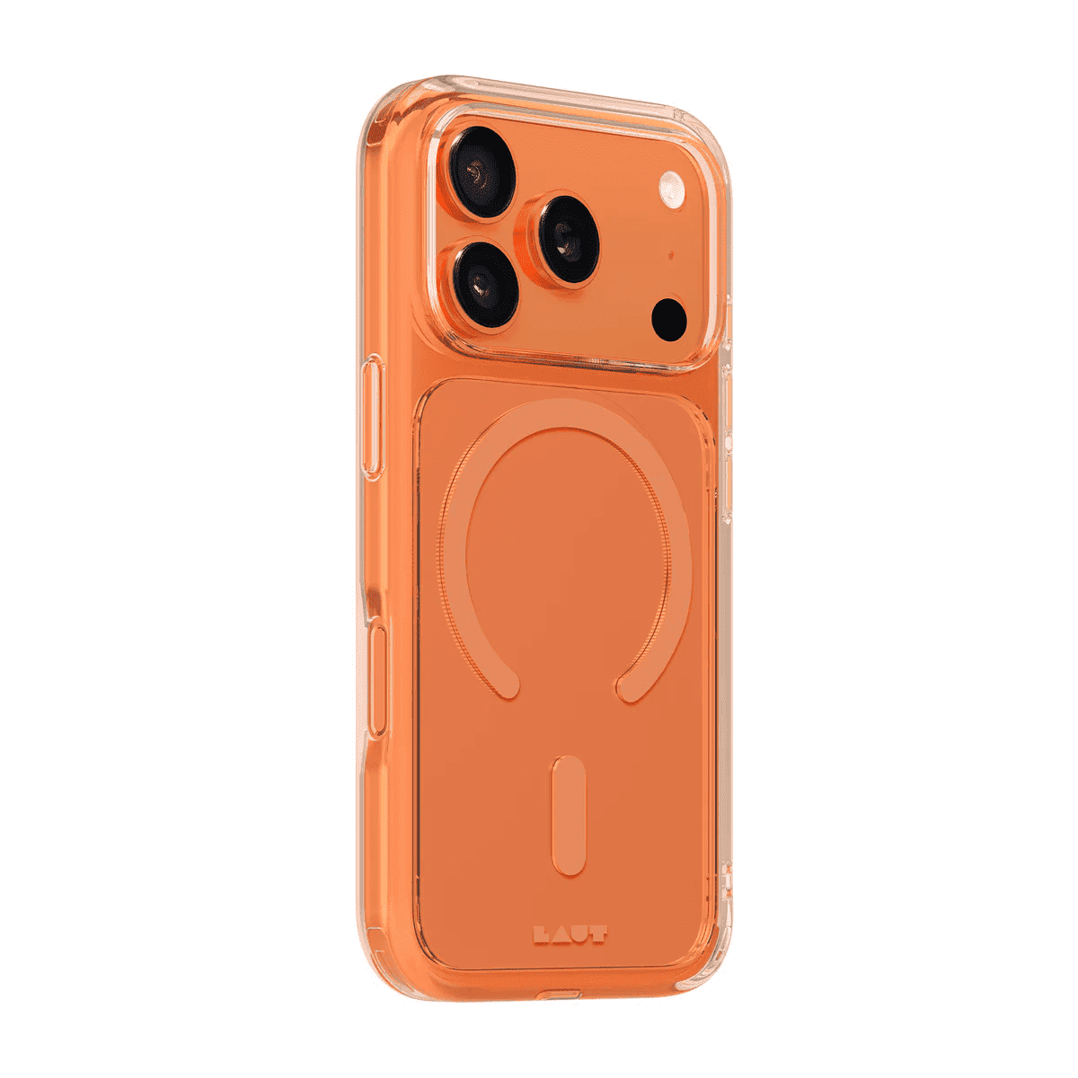 Side back profile view showing the exact camera lens border on the Laut CRYSTAL FLURO iPhone 17 Pro Max Clear Bronze phone skin from Tradeline Egypt.
