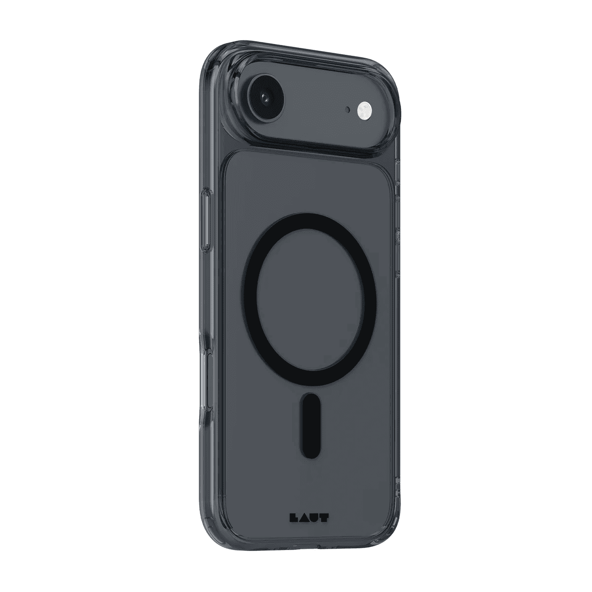 Back side perspective detailing the slim scratch-resistant back panel of the Laut CRYSTAL FLURO iPhone Air Clear Black case from Tradeline Egypt.