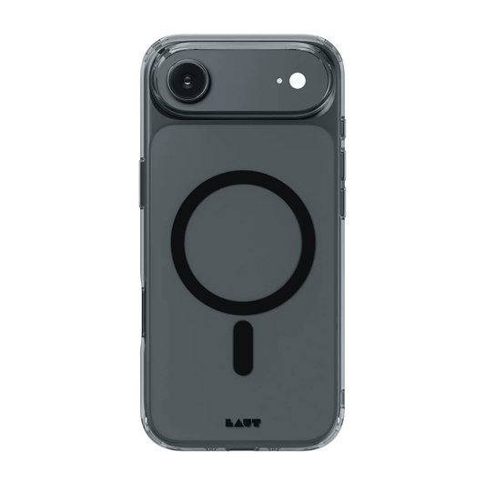 Rear view of the translucent Laut CRYSTAL FLURO case for iPhone Air with a smoky Clear Black border available at Tradeline.