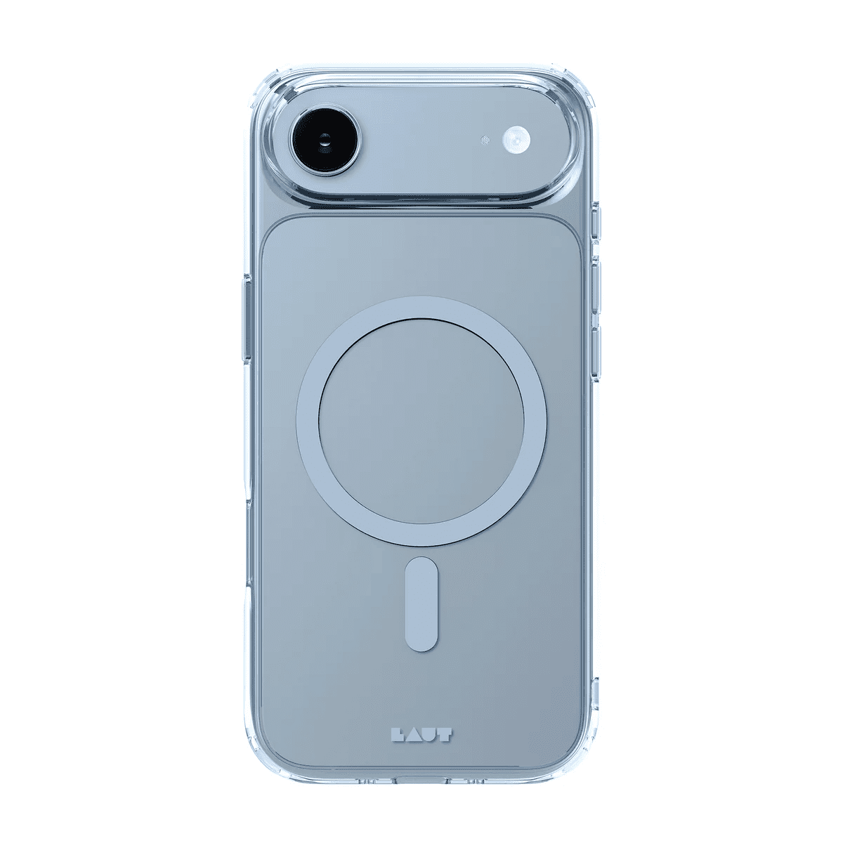 Rear view of the transparent Laut CRYSTAL FLURO back cover for iPhone Air featuring Light Blue neon accents at Tradeline.