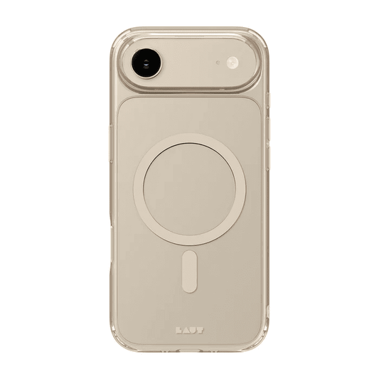 Rear view of the transparent Laut CRYSTAL FLURO case for iPhone Air with subtle Light Gold bumper accents available at Tradeline.