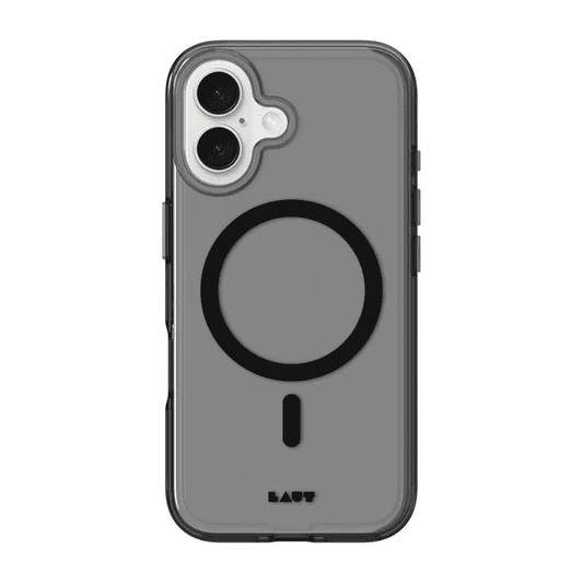 Front view of the sleek, tinted Laut CRYSTAL-M case for iPhone 16 in Black Crystal showcase at Tradeline.