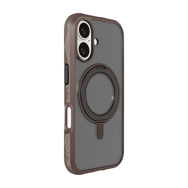 Back side profile showing the secure ergonomic hold of the Laut CRYSTAL MATTER iPhone 16 Earth Brown case from Tradeline Egypt.