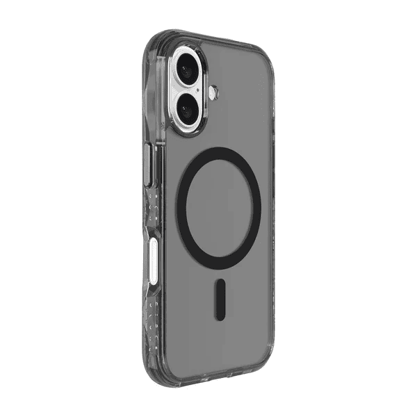 Back side view demonstrating the smoky frame and drop protective build of the Laut CRYSTAL MATTER X iPhone 16 Black Crystal case from Tradeline.