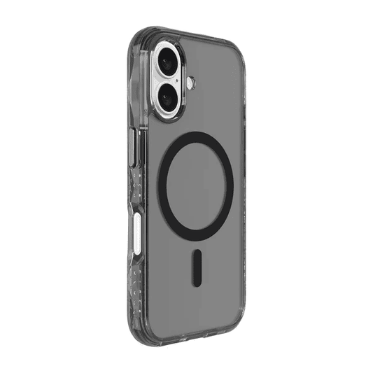 Back side view demonstrating the smoky frame and drop protective build of the Laut CRYSTAL MATTER X iPhone 16 Black Crystal case from Tradeline.