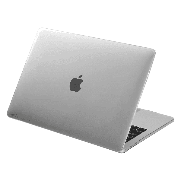 Quarterly open view displaying the ultra-slim LAUT CRYSTAL-X laptop cover for MacBook Air 15-inch 2023 in Crystal from Tradeline.