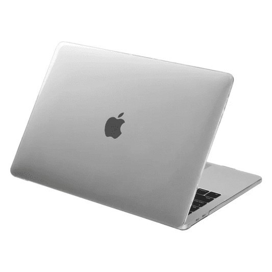 Quarterly open view displaying the ultra-slim LAUT CRYSTAL-X laptop cover for MacBook Air 15-inch 2023 in Crystal from Tradeline.