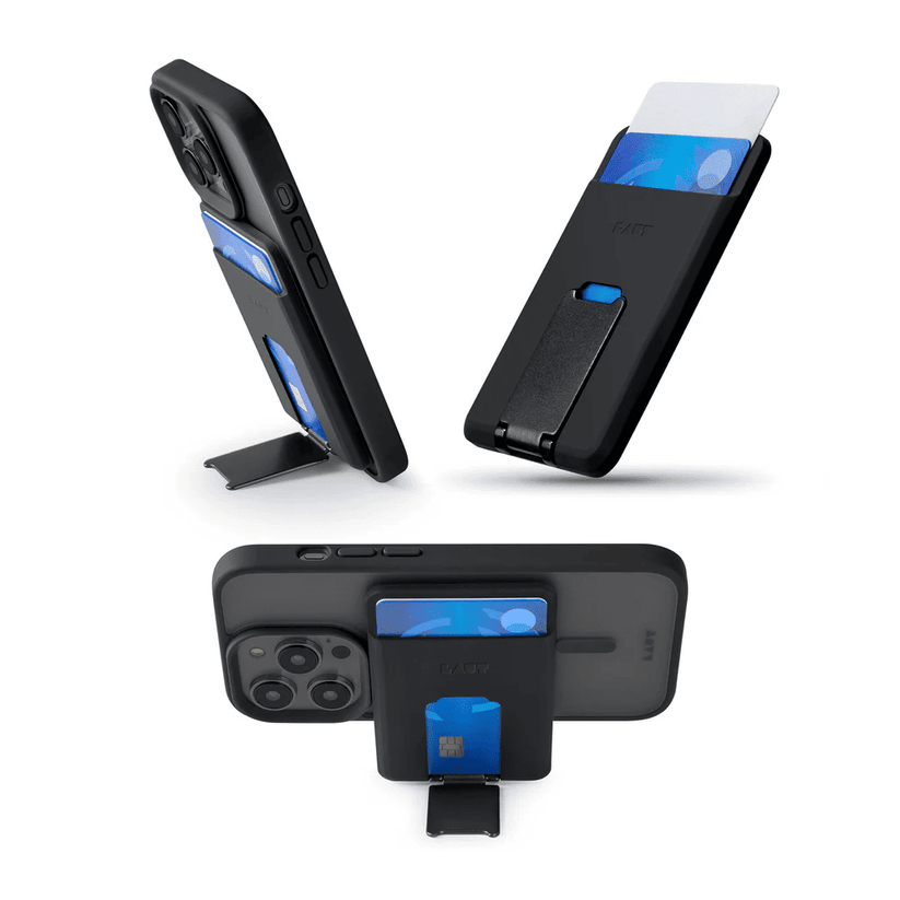 Multi-option use view showcasing the phone kickstand capabilities of the LAUT FLEXI PROP MagSafe card holder in Black from Tradeline Egypt.