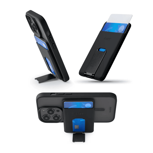 Multi-option use view showcasing the phone kickstand capabilities of the LAUT FLEXI PROP MagSafe card holder in Black from Tradeline Egypt.