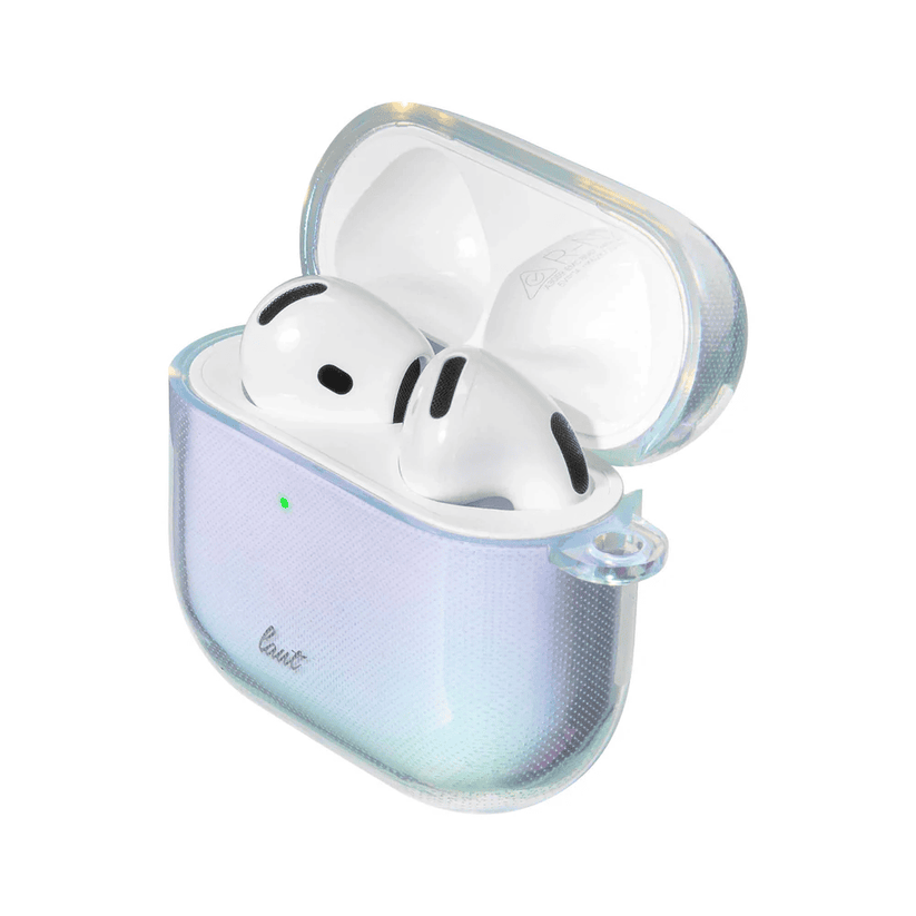 Open view of the iridescent LAUT HOLO case for AirPods 4 in Pearl showing the charging case interior at Tradeline.