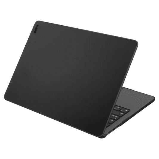 Quarterly open view of the translucent LAUT HUEX hardshell case for MacBook Pro 16-inch 2023/2021 in Frost Black at Tradeline.