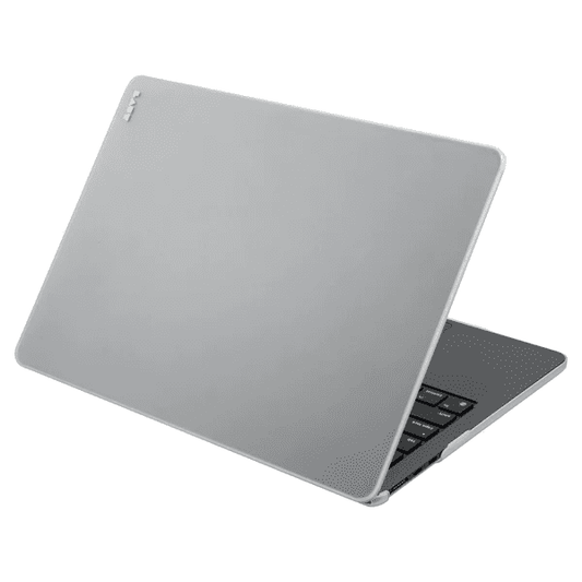Quarterly open view of the clear matte LAUT HUEX protective case for MacBook Pro 16-inch 2023/2021 in Frost from Tradeline Egypt.