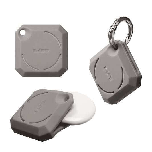 use case view detailing the secure metal keyring loop on the LAUT HUEX GEM case for AirTag Grey from Tradeline Egypt.