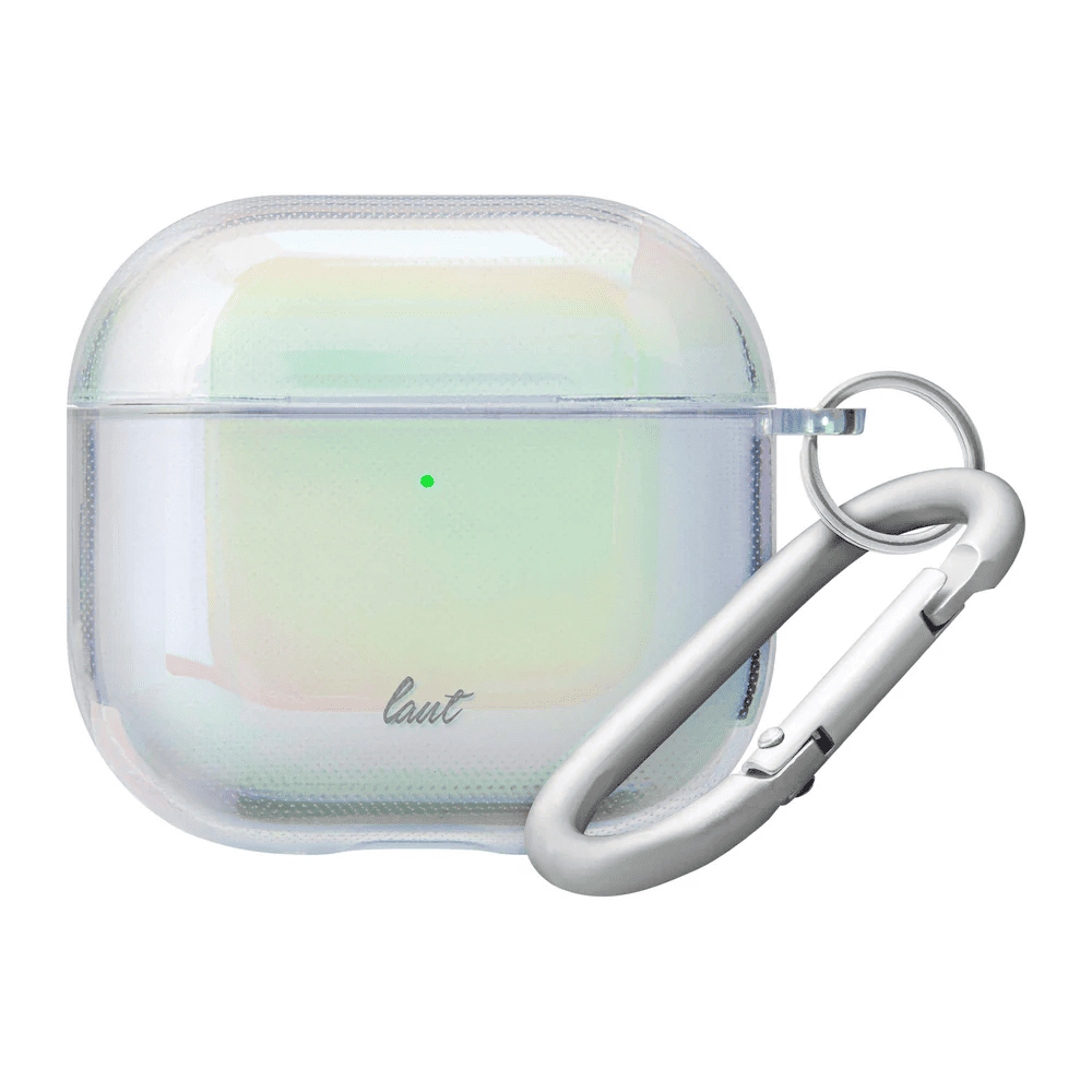 Closed view showcasing the holographic reflection on the LAUT HOLO protective AirPods 4 Pearl case from Tradeline Egypt.
