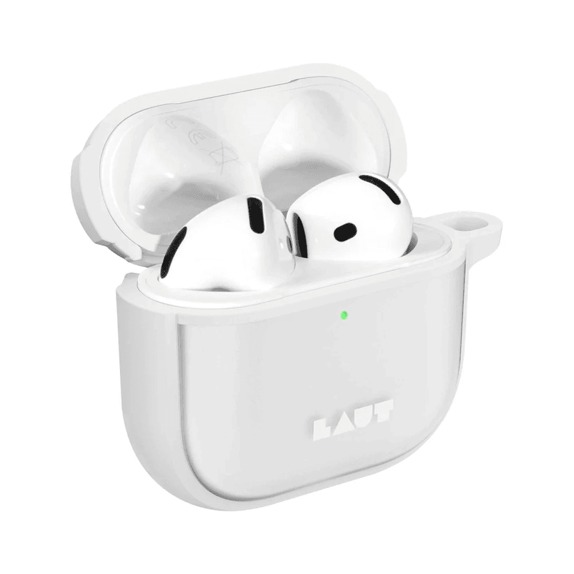 Side profile highlighting the ultra-slim impact protection of the LAUT HUEX PROTECT AirPods 4 Frost case at Tradeline Egypt.