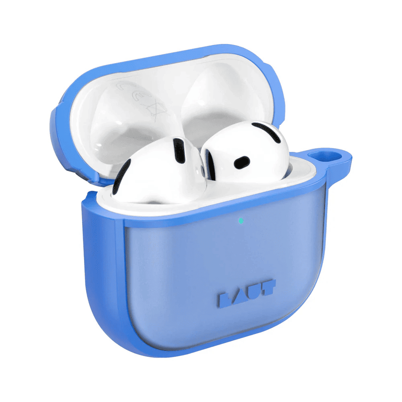 Side view showcasing the ergonomic form-fitting design of the LAUT HUEX PROTECT AirPods 4 Heron Blue case from Tradeline.