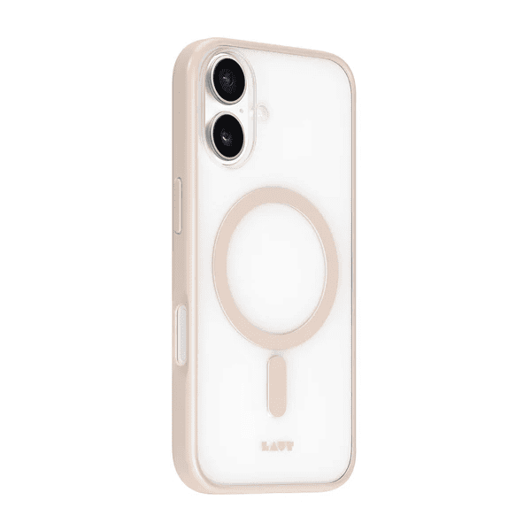 Side profile showing the exact cutouts and impact protection frame of the Laut HUEX PROTECT iPhone 17 Beige Gold case from Tradeline Egypt.