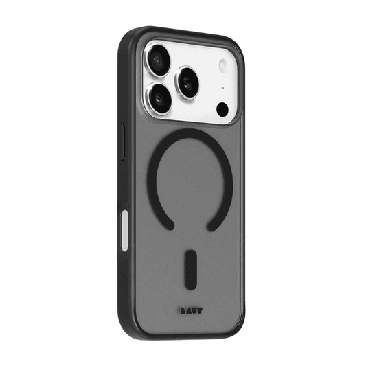 Lateral profile highlighting molded button overlays of the Laut HUEX PROTECT case for iPhone 17 Pro Black at Tradeline.