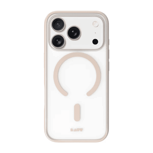 Front view showcasing display rim clearance on the Laut HUEX PROTECT case for iPhone 17 Pro Max in Beige Gold at Tradeline.