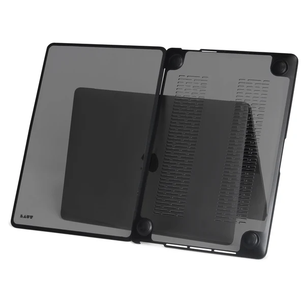 bottom view highlighting the durable bumper protection of the LAUT HUEX PROTECT case for MacBook Pro 16-inch 2023/2021 Frost Black at Tradeline.