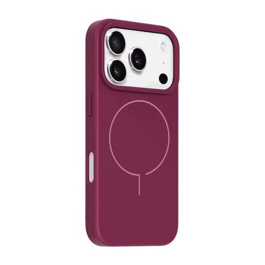 Side profile detailing the tactile button responsiveness of the Laut HUEX SLIM case for iPhone 17 Pro Max Mauve Wine at Tradeline.