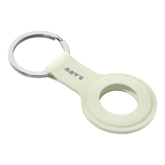 Three-quarter angled view of the durable LAUT HUEX TAG loop strap holder for AirTag Glow in The Dark at Tradeline.