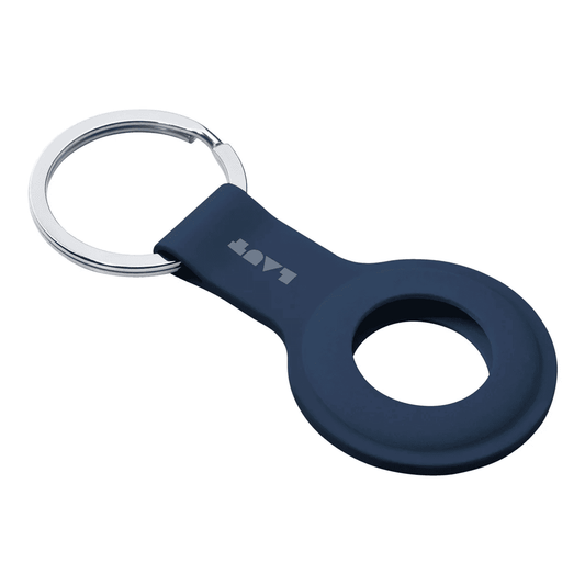 Side profile showing the slim, flexible thickness of the LAUT HUEX TAG case for AirTag Navy at Tradeline.
