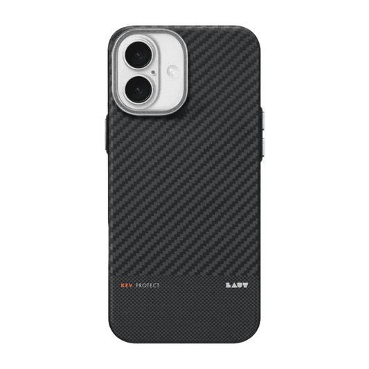Front view of the minimalist Laut KEV PROTECT Aramid Fiber case for iPhone 16 in Black available at Tradeline.