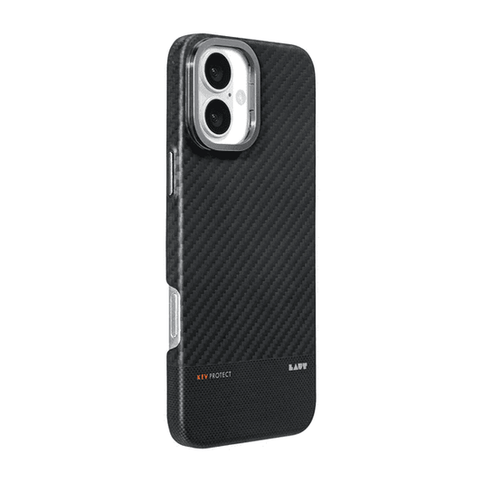 Side profile highlighting the precise button cutouts on the Laut KEV PROTECT Aramid Fiber case for iPhone 16 Black at Tradeline.