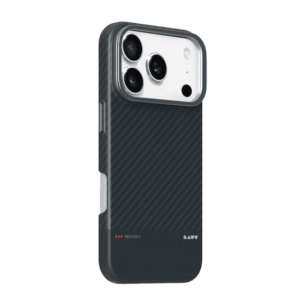 Back side view displaying the protective framework and everyday grip of the Laut KEV PROTECT iPhone 17 Pro Aramid Fiber Black case from Tradeline.