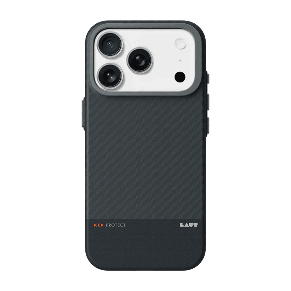 Rear view showcasing the scratch-resistant back panel of the Laut KEV PROTECT Dupont Aramid Fiber case for iPhone 17 Pro Black at Tradeline.
