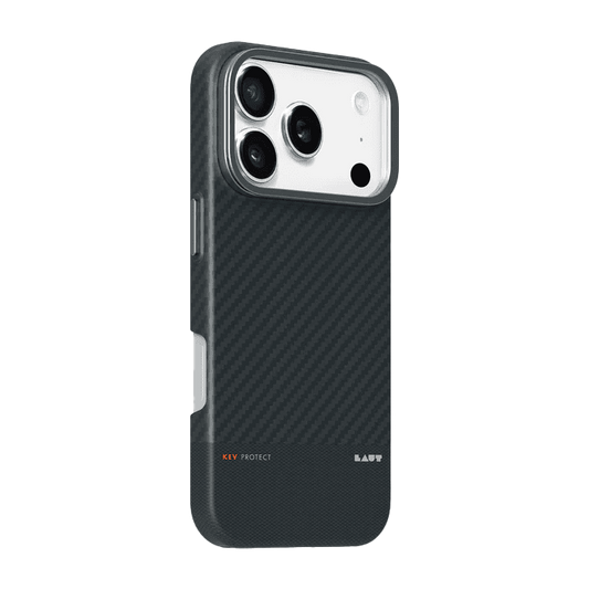 Back side profile detailing the MagSafe alignment and trim frame of the Laut KEV PROTECT iPhone 17 Pro Max Aramid Fiber Black case from Tradeline.