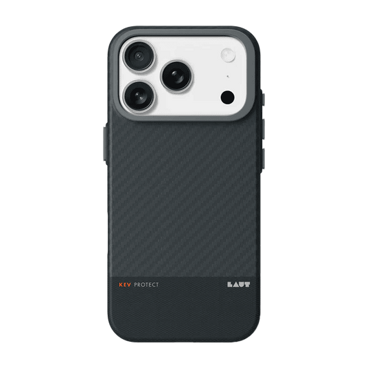Rear view of the heavy-duty Laut KEV PROTECT Dupont Aramid Fiber case for iPhone 17 Pro Max in Black colorway available at Tradeline.