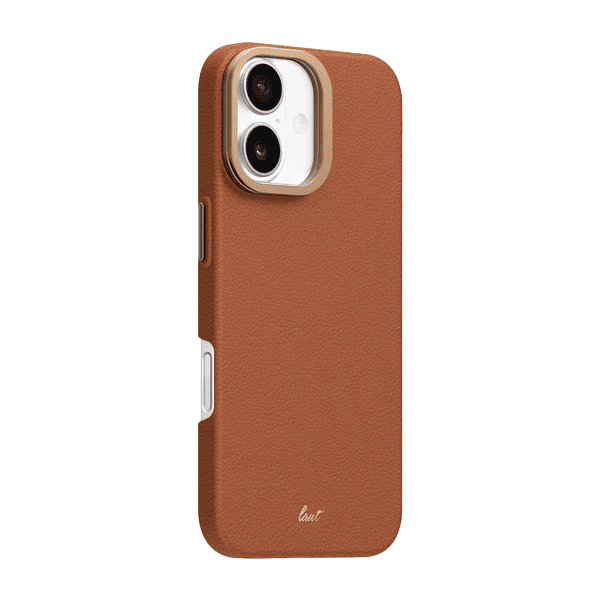 Back side view showcasing the metallic frame and raised camera bumper lines of the Laut LUXEDGE iPhone 17 Luxe Brown case at Tradeline.