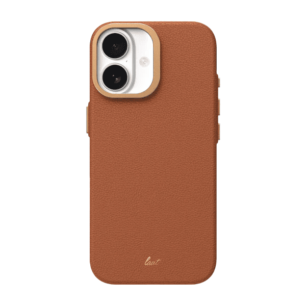 Rear view of the premium Laut LUXEDGE case for iPhone 17 in Luxe Brown showing its textured faux leather back panel at Tradeline.