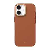 Rear view of the premium Laut LUXEDGE case for iPhone 17 in Luxe Brown showing its textured faux leather back panel at Tradeline.