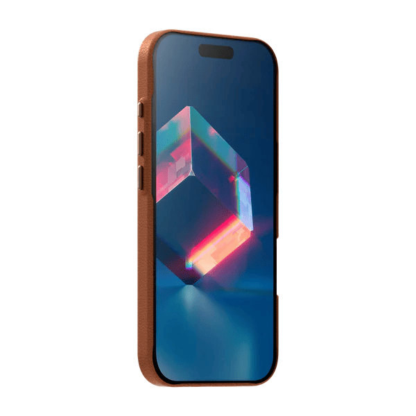 Front side perspective highlighting the slim profile and grip texture of the Laut LUXEDGE case for iPhone 17 Luxe Brown from Tradeline.