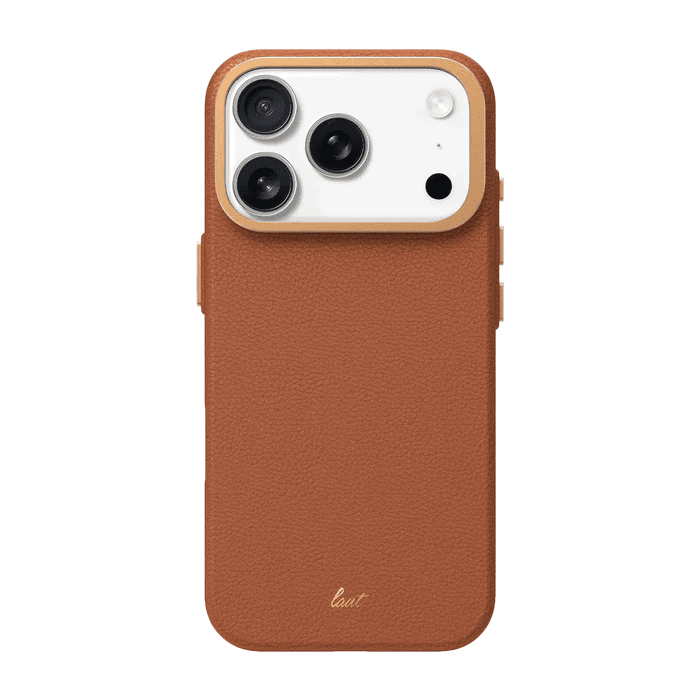 Rear view highlighting the heavy-duty back plate panel of the Laut LUXEDGE case for iPhone 17 Pro Max Luxe Brown at Tradeline.