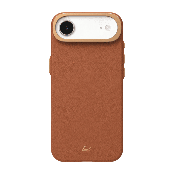 Rear view of the premium Laut LUXEDGE case for iPhone Air in Luxe Brown showing the faux leather style finish available at Tradeline.