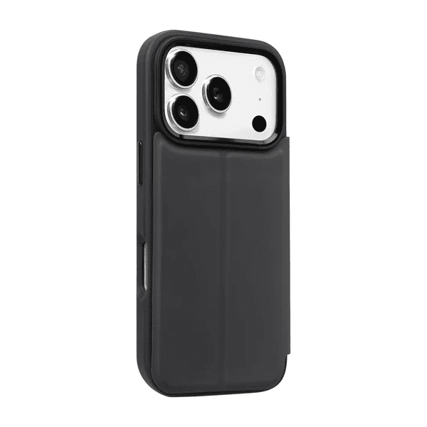 Back side view illustrating the slim leather texture profile of the Laut MagFolio case for iPhone 17 Pro Max Black at Tradeline Egypt.
