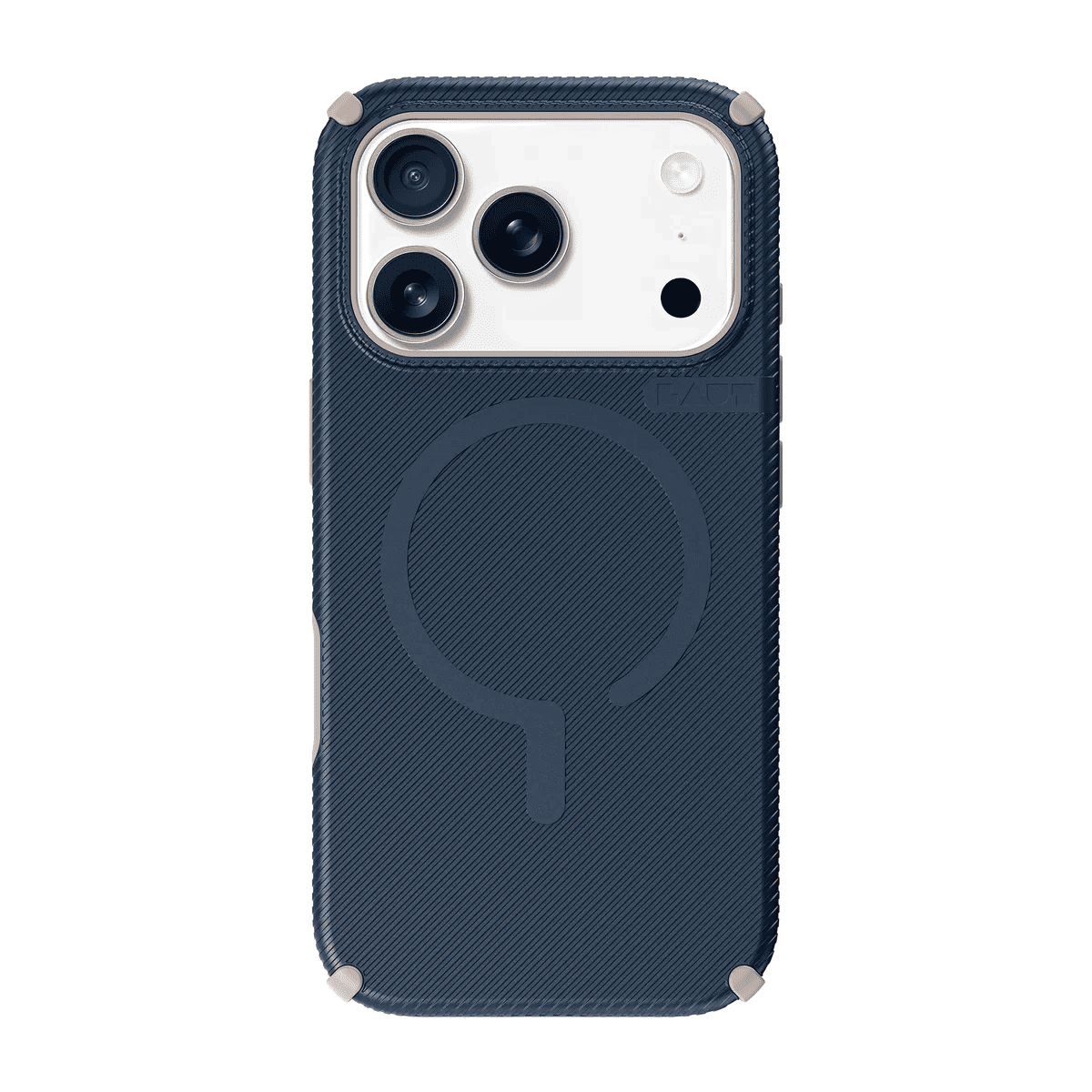 Rear view of the minimalist Laut SHIELD FLUX matte finish case for iPhone 17 Pro in Deep Navy from Tradeline.