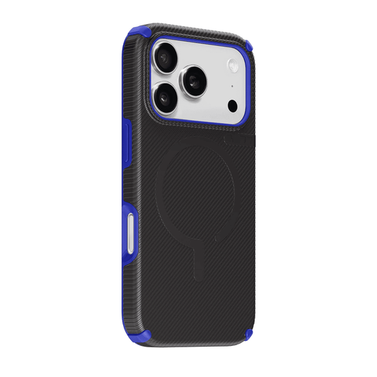 Back side profile view showing the exact button overlays on the Laut SHIELD FLUX iPhone 17 Pro Max Midnight Blue sleeve available at Tradeline Egypt.