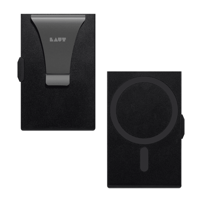 Front and back view of the premium LAUT SLIDER wallet card holder with MagSafe compatibility in Black available at Tradeline.