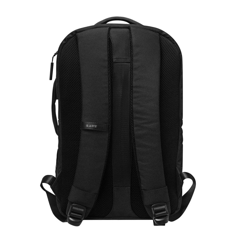 Rear view detailing the ergonomic padded shoulder straps and breathable back mesh on the LAUT URBAN EXPLORER 24ltr Black backpack from Tradeline.